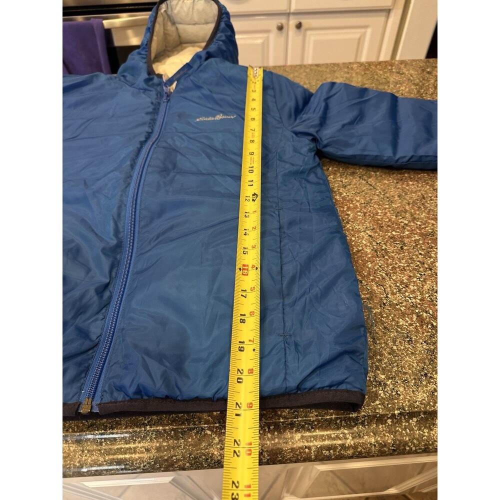 Eddie Bauer Boy's White And Navy Full Zip Hooded Puffer Coat Size M 10/12 Down j - Picture 9 of 13
